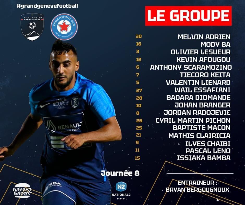 👀 Le groupe retenu par Bryan Bergougnoux pour disputer la 8ème journée de championnat N2 face à l’@etoilefc83 🆚@etoilefc83 📅Samedi 4 Novembre ⌚ 18h 🏟️ Stade de Vongy à Thonon 🎟️ Billetterie en ligne ► bit.ly/47chrDs 📺 bit.ly/3sLv91m