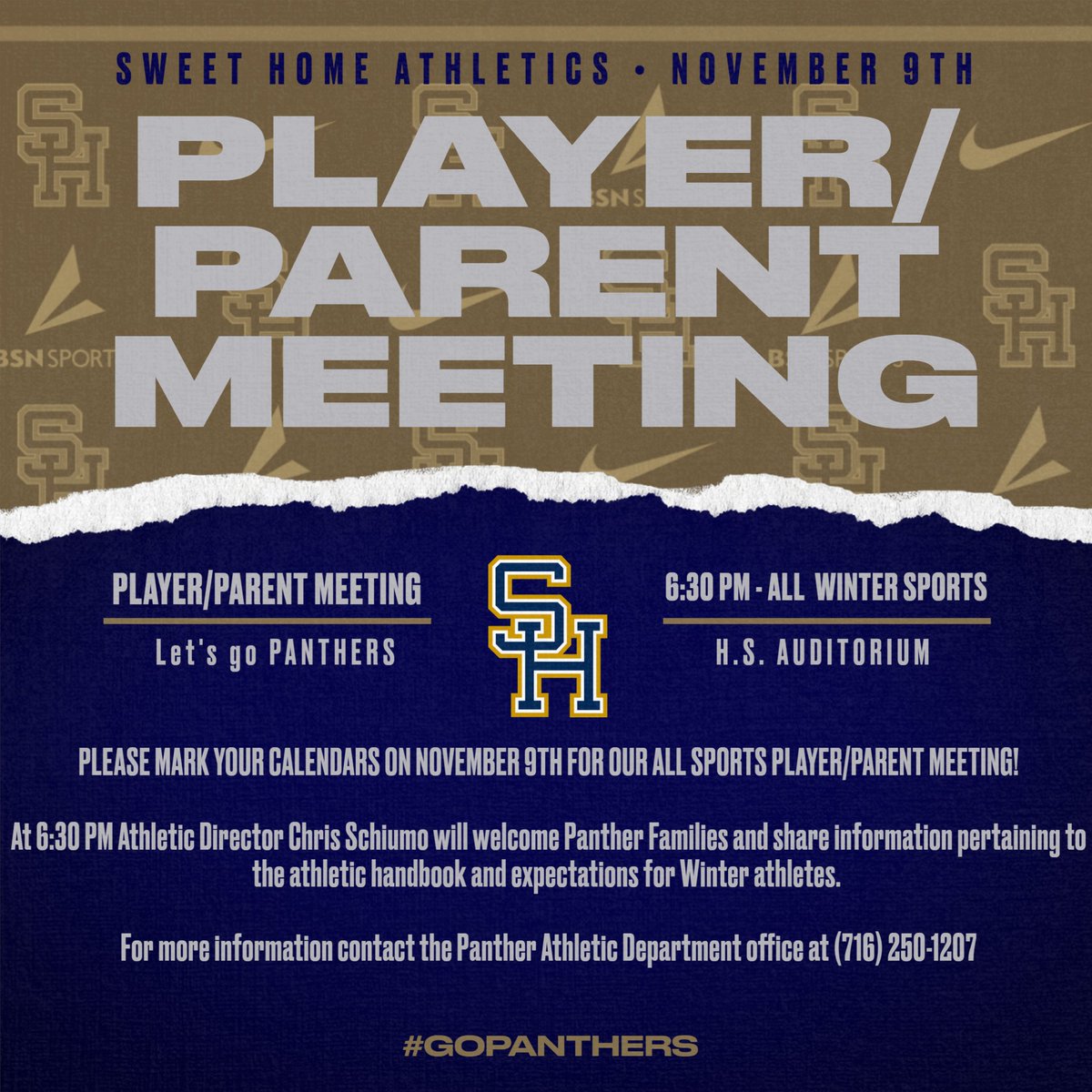 Attention Winter Athletes: Player/Parent Meeting will be held in the HS Auditorium on Thursday, November 9th at 6:30 pm. Athletes and parents are encourage to attend to review athletic policies and expectations. Please enter through door #1 of the HS. <a href="/SweetHomeCSD/">Sweet Home Central School District</a>
