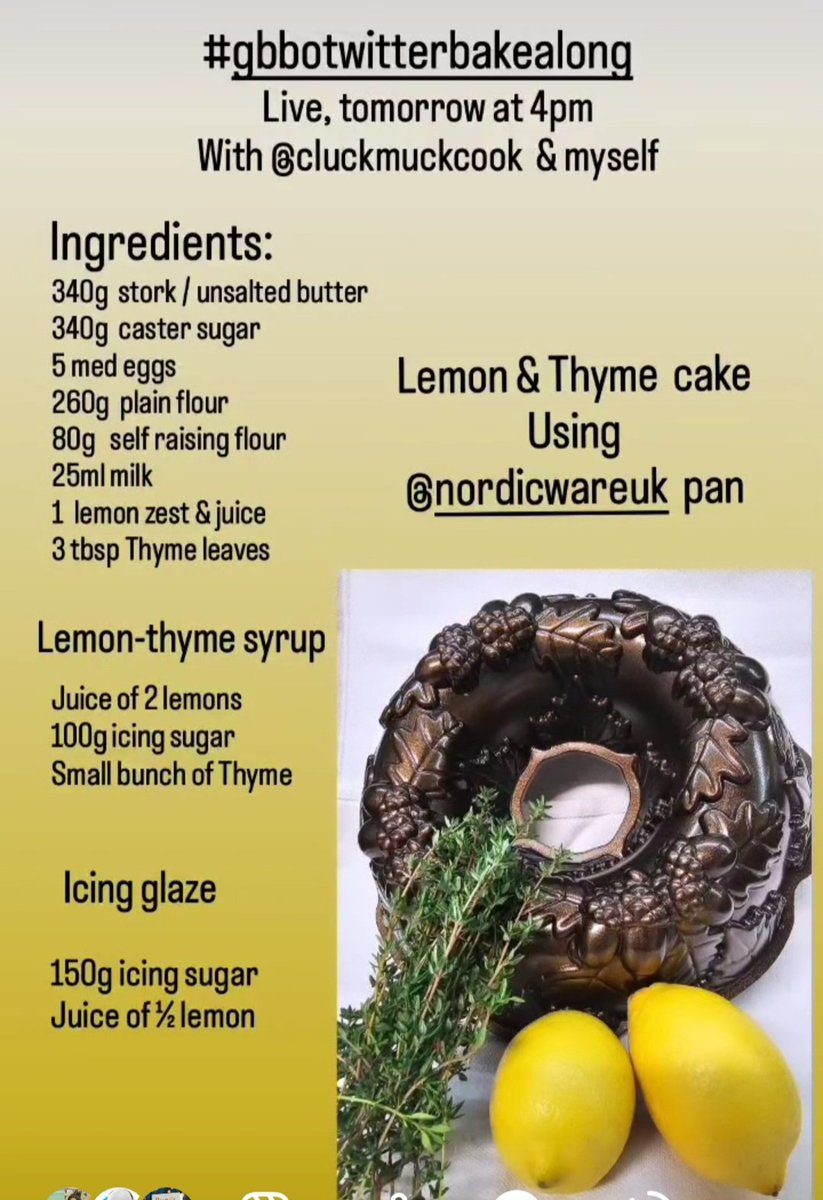 Tomorrow's ingredients for #gbbotwitterbakealong live.
Join us at 4pm 
<a href="/Cluckmuckcook/">James Hillery</a>