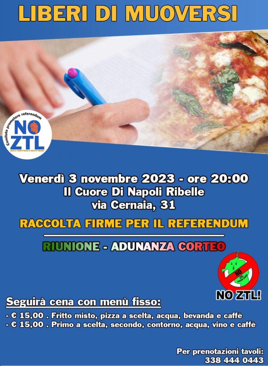 FREEvax_Liberta's tweet photo. https://t.co/CcAeoPgfau
A #Roma tutti invitati dalle ore 20 di #OGGI venerdì #3novembre 2023 in via Cernaia 31 al Ristorante "Il cuore di Napoli ribelle" in preparazione (RACCOLTA FIRME ecc.) della MANIFESTAZIONE #NoZTL del #18novembre CONTRO l'allargamento della #ZTL in città. https://t.co/u2c0KukWvE