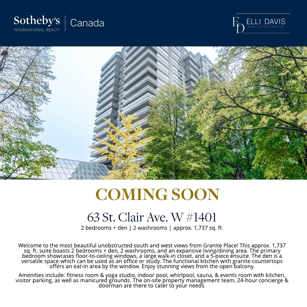 ellidavis's tweet photo. 63 St. Clair Ave. W. #1401 | Granite Place
2 bedrooms + den | 2 washrooms | app. 1,737 sq. ft.
A preview of this luxurious suite!
https://t.co/MXihEtcN0j
#luxurycondostoronto #torontorealestate #ellidavis #canadasir #torontorealestateagent #yongeandstclair https://t.co/XJ2ImgAvaF