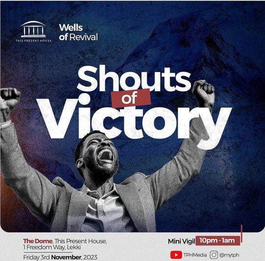 MyTPH's tweet photo. Join us for an extraordinary night of victory at Wells of Revival! Pastor Jude Nwoko and ONE Music will lead us in powerful #ShoutsofVictory, with worship chants and prophetic declarations that will make us roar in triumph. 
10PM-1AM,WAT

#PropheticWorship #WellsOfRevival #myTPH https://t.co/Z2HeFqtZes