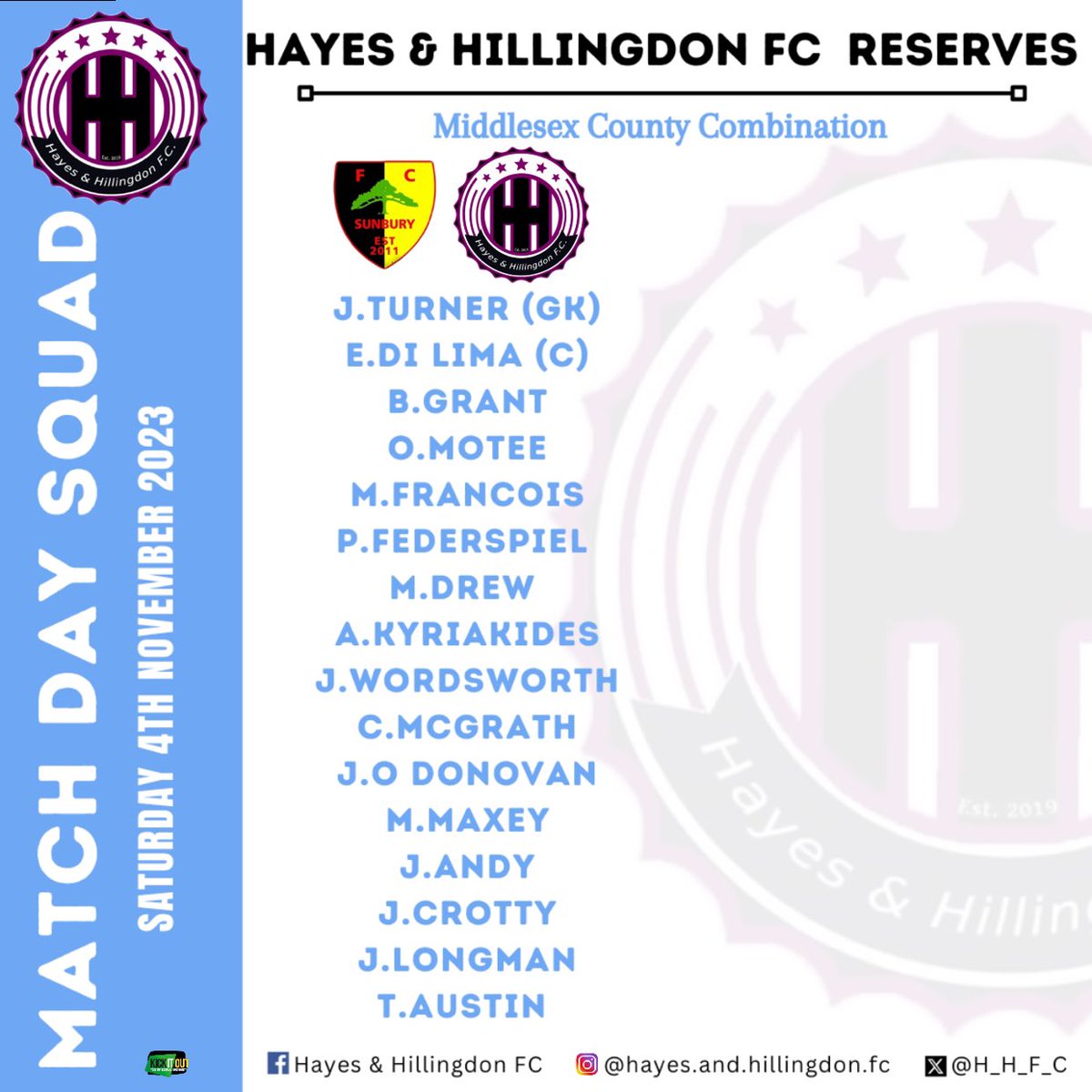 Our match day squads.. ✌🏽👊🏻⚽️

@swirles_barbers @Southbournees @RichingsSports 

#HHFC #morethanafootballclub #hayesandhillingdonfc #hhfc #matchday #matchdaysqaud #squad #squads #footballmatches #team #leaguegames #league #games #prem #division #combination #MCFL #MCPD

💜🖤🩵