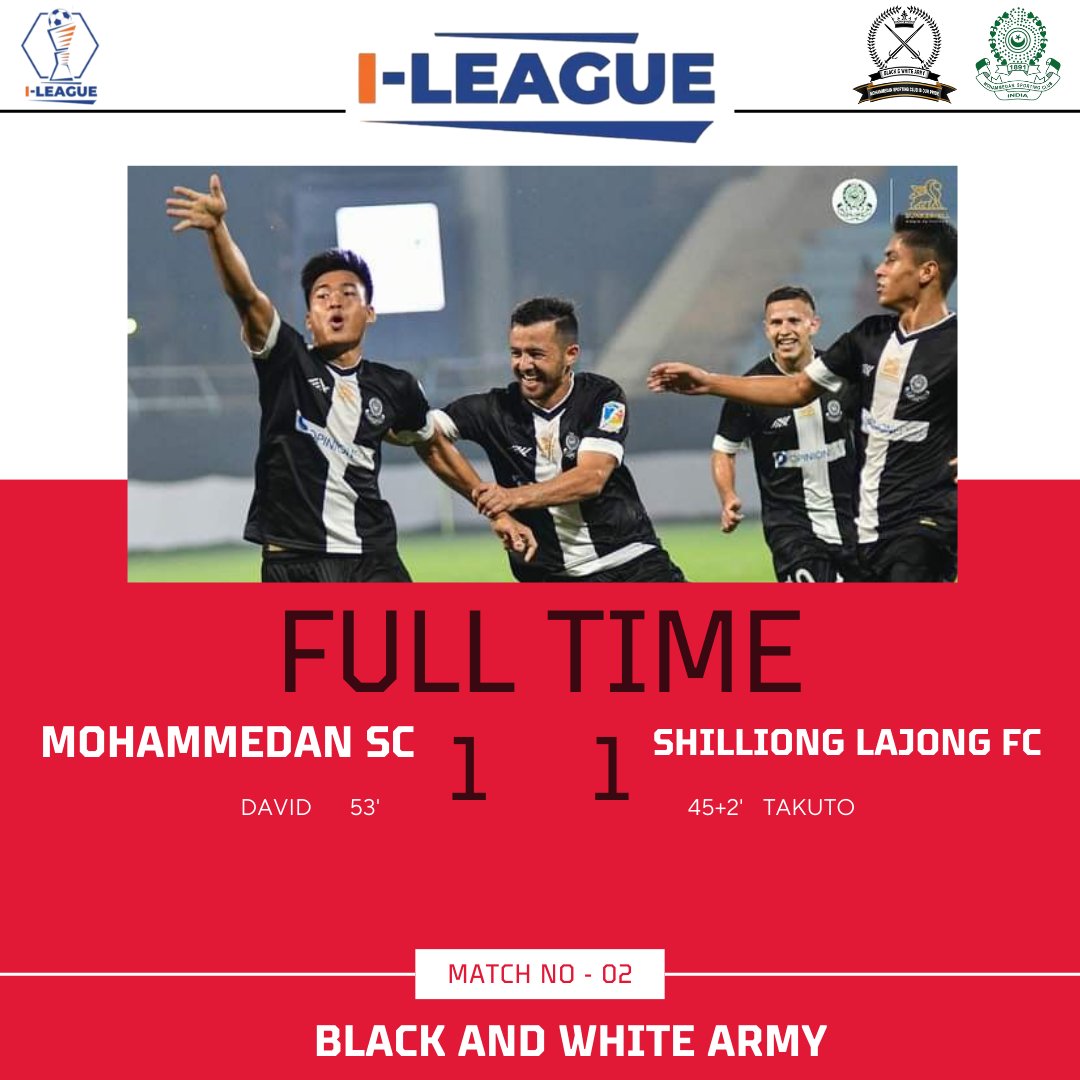 After an entertaining 90+ minutes, the spoils have been shared between both the teams. 🤝

#JaanJaanMohammedan #BlackAndWhiteBrigade #ILeague #IndianFootball #SakilMolla #BlackAndWhiteArmy #DilDilMohammedan #Football #ShilliongLajongFC #ShillongLajong  #sarongiakalajong #AIFF