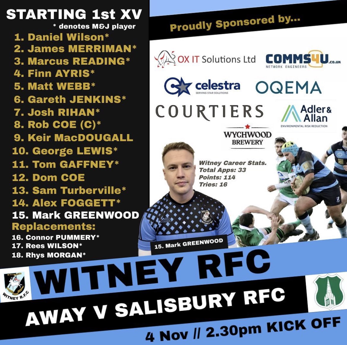 WitneyRFC's tweet photo. SQUAD ANNOUNCEMENTS! 3 senior teams playing tomorrow. All KO times confirmed as 14:30! All support is much appreciated🏉 #comeonyouwitneyboys https://t.co/bdNQwxOCYG