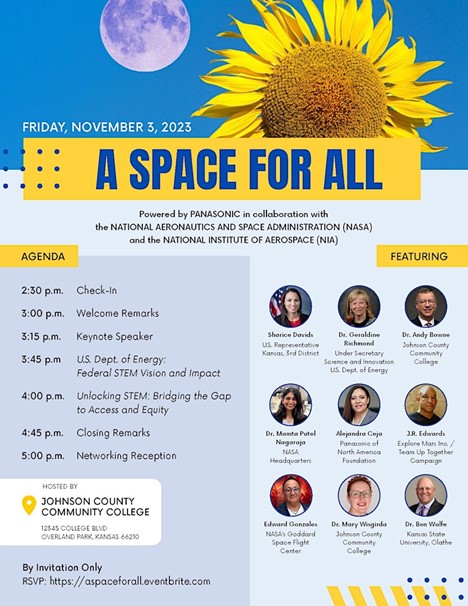 Reminder - A Space for All events are Friday and Saturday!! Powered by Panasonic in collaboration with NASA and the NIA - both days are going to be incredible!! Both events are free to attend.<a href="/nasa/">NASA</a> <a href="/panasonic/">Panasonic</a> #STEM #STEMcareers #KCKCCProud #NASA #Panasonic #kansascity #bluedevils