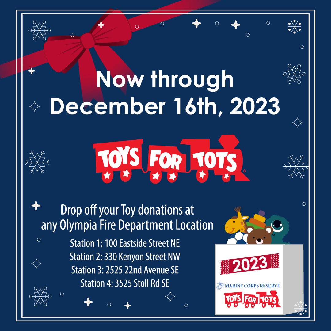 City of Olympia (@cityofolympia) on Twitter photo Drop off donations for Toys for Tots at any <a href="/OlyFireDept/">Olympia Fire Dept.</a> location through December 16. Drop off donations for Toys for Tots at any <a href="/OlyFireDept/">Olympia Fire Dept.</a> location through December 16.