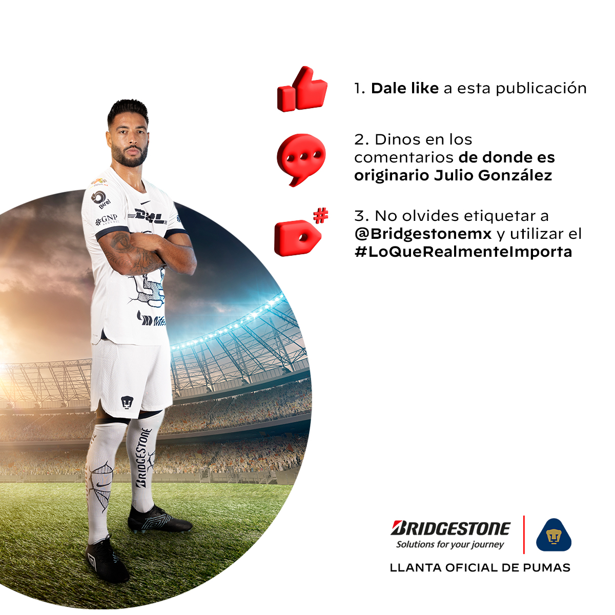 Bridgestone_Mx's tweet photo. Bridgestone te lleva al estadio a vivir la experiencia del juego vs Chivas 🎟 🎟

1.- Dale ❤️ y RT a esta publicación 

2.- Contesta la siguiente pregunta: ¿De dónde es originario Julio González? ⚽ 🐾 https://t.co/udpGlMTZjW