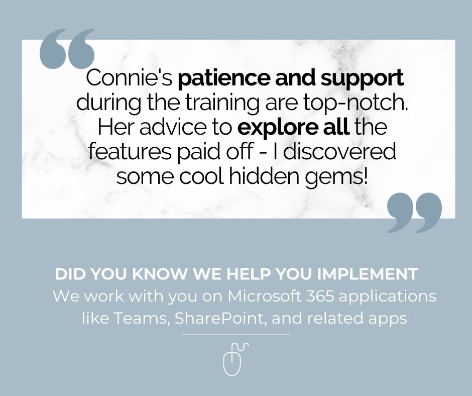 🙌💻 It's always a pleasure to receive positive feedback from our clients! 🌟 'Connie's patience and support during the training are top-notch. Her advice to explore all the features paid off - I discovered some cool hidden gems!' 💎💡 #ExploreAndLearn