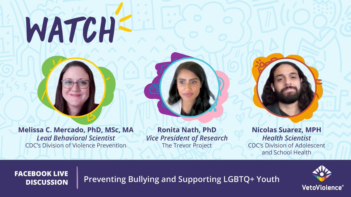 Did you miss our CDC VetoViolence Facebook Live event for #LGBTQHistoryMonth and National #BullyingPreventionMonth? Watch a replay of this discussion on bullying prevention & supporting LGBTQ+ youth featuring experts from CDC and @TrevorProject here: bit.ly/3ENYN8N