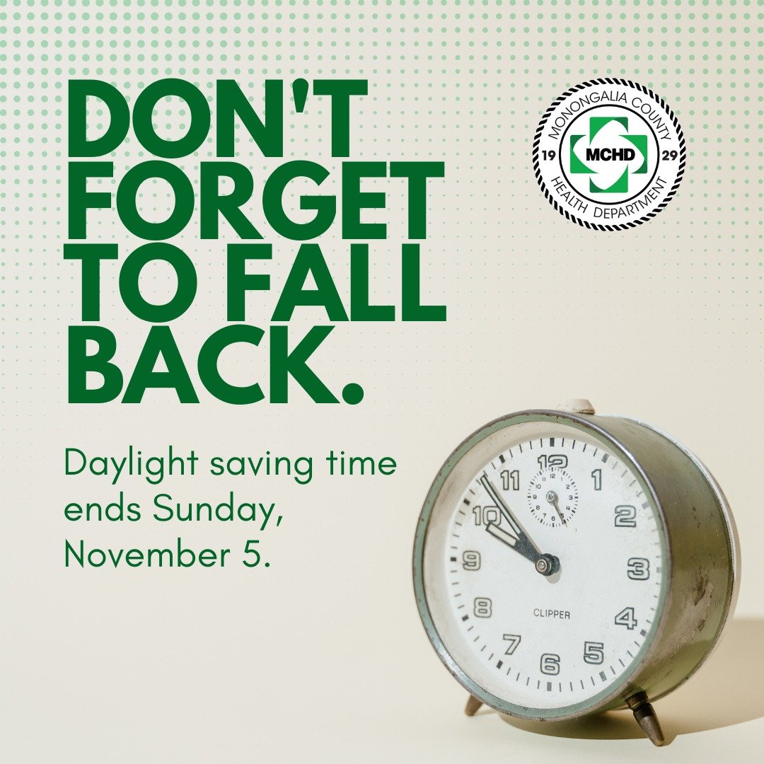 WVMCHD's tweet image. It's time to fall back! Daylight saving time ends Sunday. Set your clocks back one hour and enjoy that extra hour of sleep - your health will thank you. 😉😴 #wvmchd #DaylightSavings #TimeChange