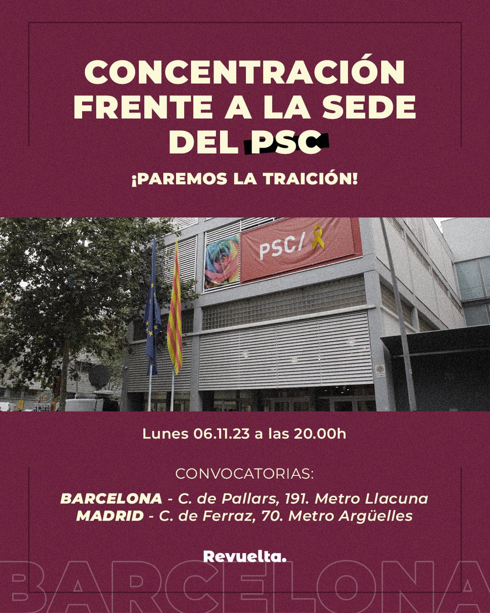 🔴 LUNES 6/11 🔴 ⏰ A las 20:00 ⏰ ¡Todos a Ferraz y a la sede del PSC! ¡Contra la traición de Sánchez! ¡ACUDE! #AmnistíaNo #CataluñaEsEspaña #GolpistasAprisión