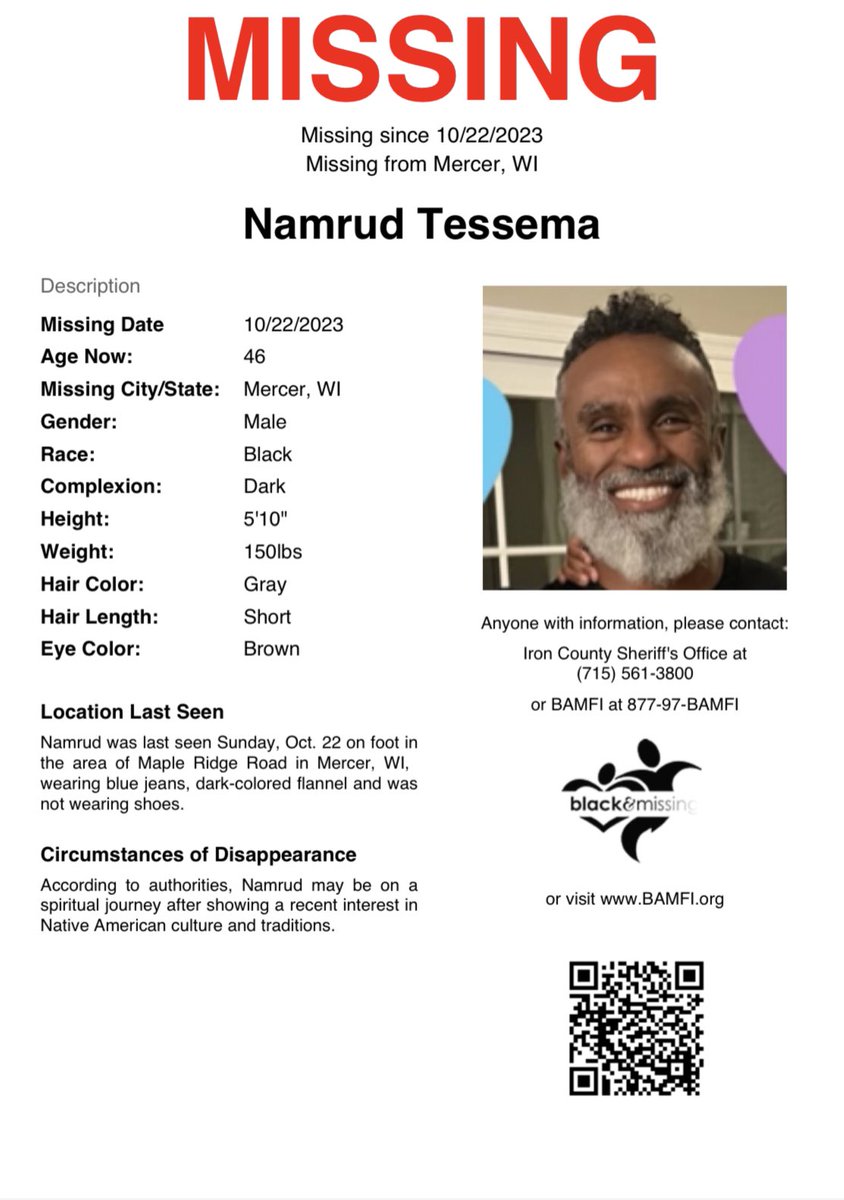 Mercer, WI: 46y/o Namrud Tessema was last seen on October 22nd on foot in the area of Maple Ridge Rd wearing blue jeans, a dark colored flannel &amp; no shoes. #HelpUsFindUs #NamrudTessema