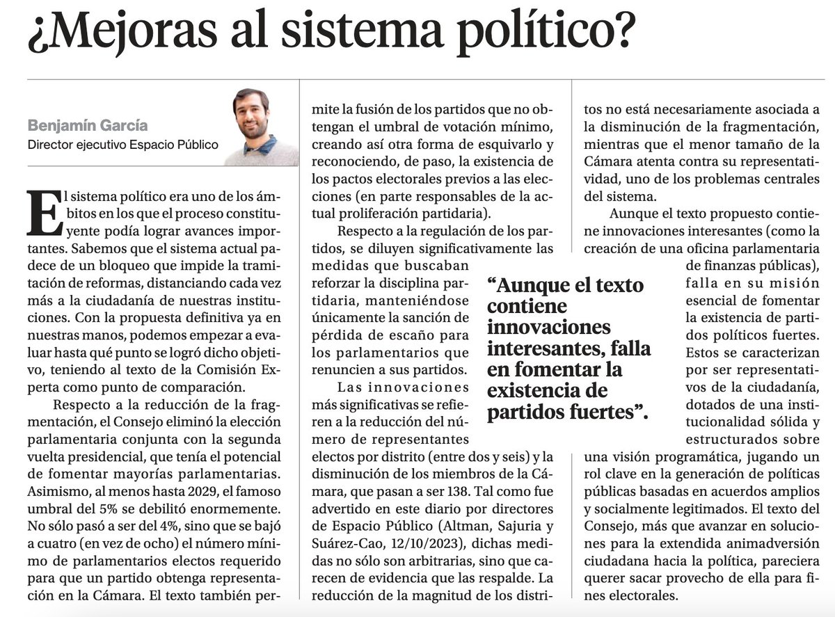 Esta columna de <a href="/benjamingarcia/">Ben Garcia</a> describe claramente lo que hemos dicho, una y otra vez, sobre sistema politico. En la comisión experta creamos una caja de herramientas para el sistema político, el consejo desarmó o matizó muchas de ellas. Seguiremos teniendo hiperfragmentación.