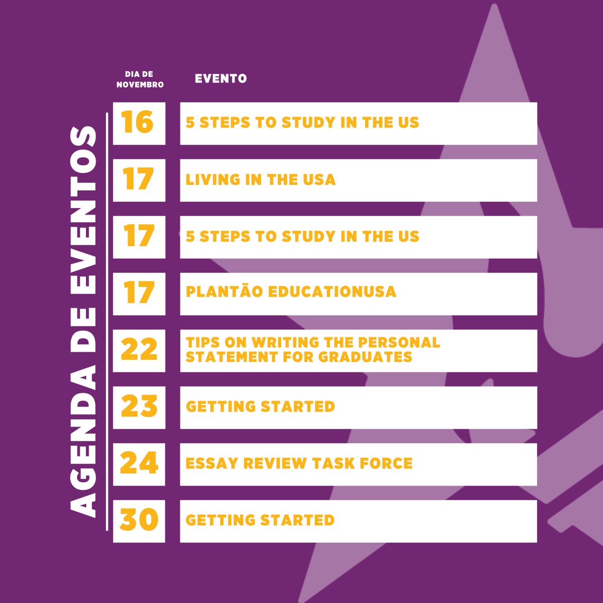 Veja a programação do @educationusa 🇧🇷 para a Semana de Educação Internacional (13 a 17/11), tema tão relevante que acabou tendo sua celebração estendida ao longo de todo o mês! A iniciativa do governo dos 🇺🇸 visa ressaltar benefícios da educação internacional e do intercâmbio.