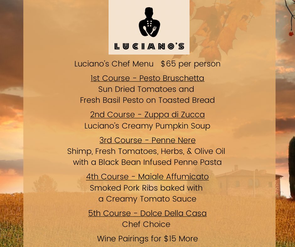 Chef Menu for Nov 3rd &amp; 4th.  We have spots available for tomorrow &amp; we are filling up quickly for tonight.  Call 316-777-0045 to make your reservation. 🍷