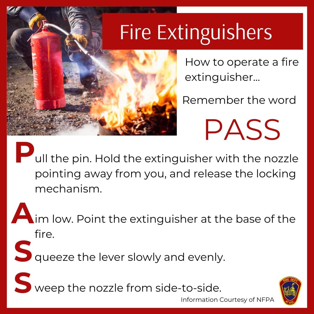 Every household should have a fire escape plan, working smoke detectors, and a portable fire extinguisher. Follow these tips on how to safely use a fire extinguisher. ⁠

#Atholfire #nfpa #fireextinguishers #firesafety