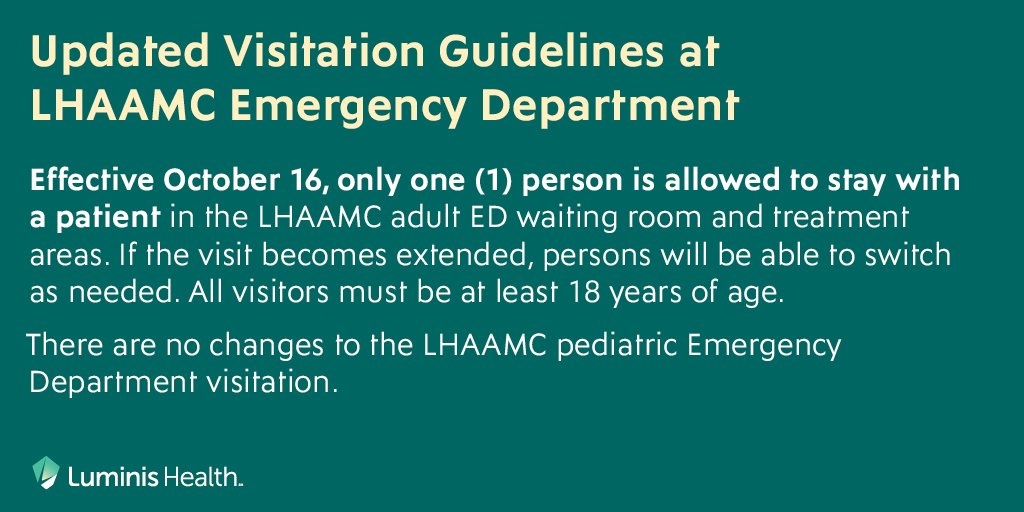 During this time of very high volumes in the Luminis Health Anne Arundel Medical Center (LHAAMC) adult Emergency Department (ED) and space constraints, we will temporarily adjust our visitation for the LHAAMC adult ED. 
bit.ly/3QpKYTy
