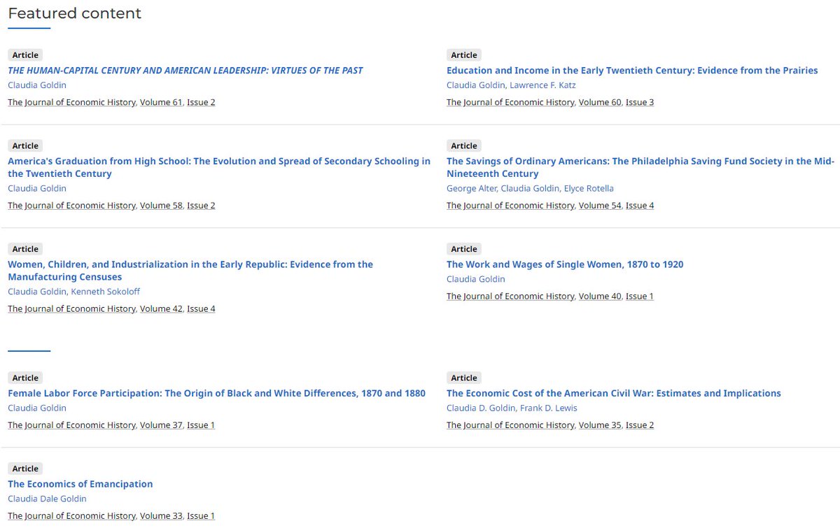 J52Wallusch's tweet photo. #Cliometrics Friday
@CambridgeUP Journal of #EconomicHistory offers a free access to Claudia #Goldin's papers:
https://t.co/mEfBhtkECy
9 papers are made available till the end of 2023
#NobelPrize
#Economics https://t.co/g7Wd8tktwY