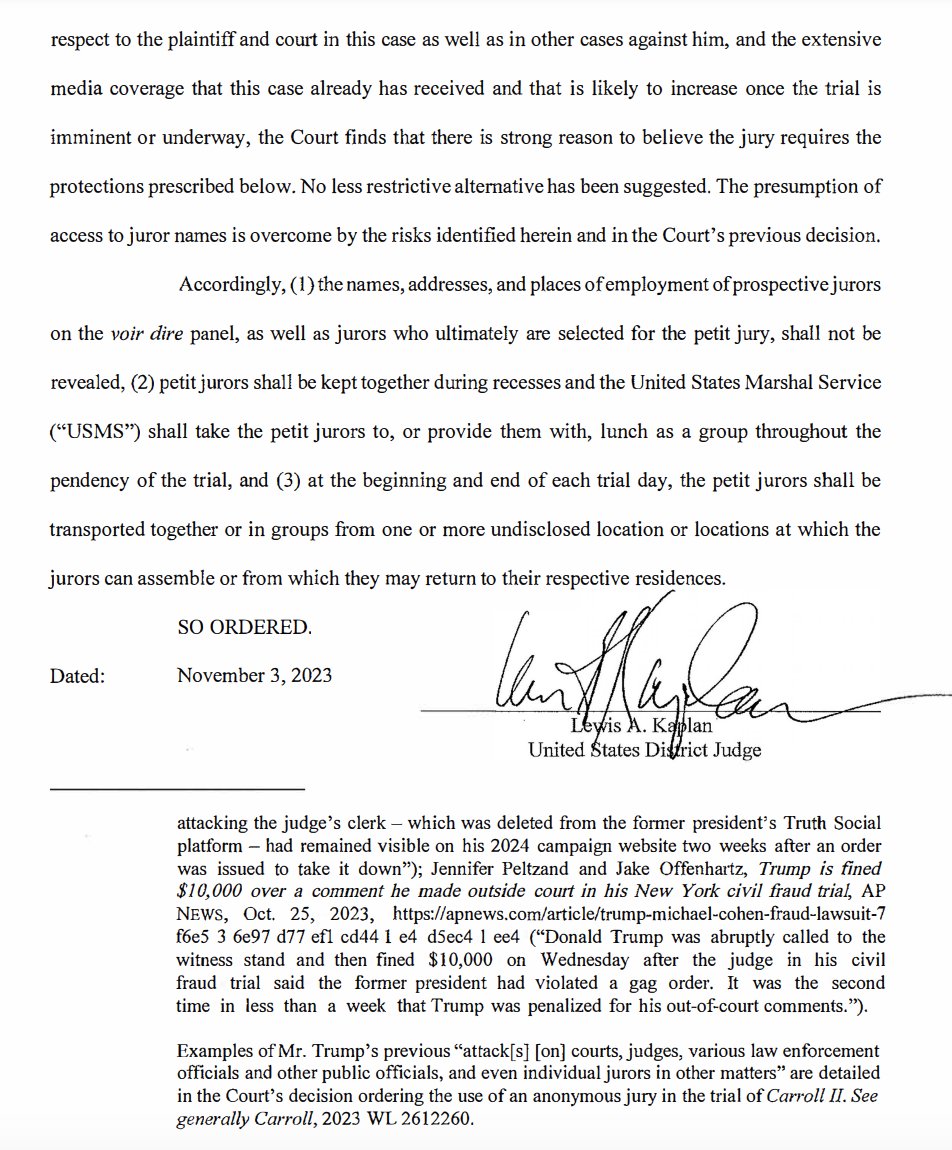 JUST IN: Fresh off the SBF trial, Judge Kaplan has ordered an anonymous jury for Trump's upcoming civil trial (re: E. Jean Carroll), citing Trump's attack on Judge Engoron's clerk. storage.courtlistener.com/recap/gov.usco…