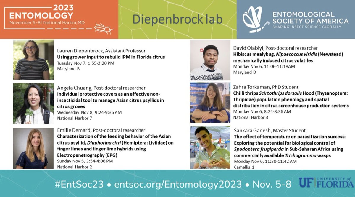 It's almost time for #EntSoc23 and our lab will be well represented! <a href="/LMDiepenbrock/">Dr. Lauren Diepenbrock🐞👩‍🔬</a> <a href="/arachnonaut/">Angela Chuang</a> @DemardEmilie <a href="/citrus_bugs/">David Olabiyi</a> <a href="/ZahraTorkaman3/">Zahra Torkaman</a> <a href="/UFIFASCitrusREC/">UF/IFAS Citrus REC</a> <a href="/UFEntNem/">UF/IFAS Entomology & Nematology</a>