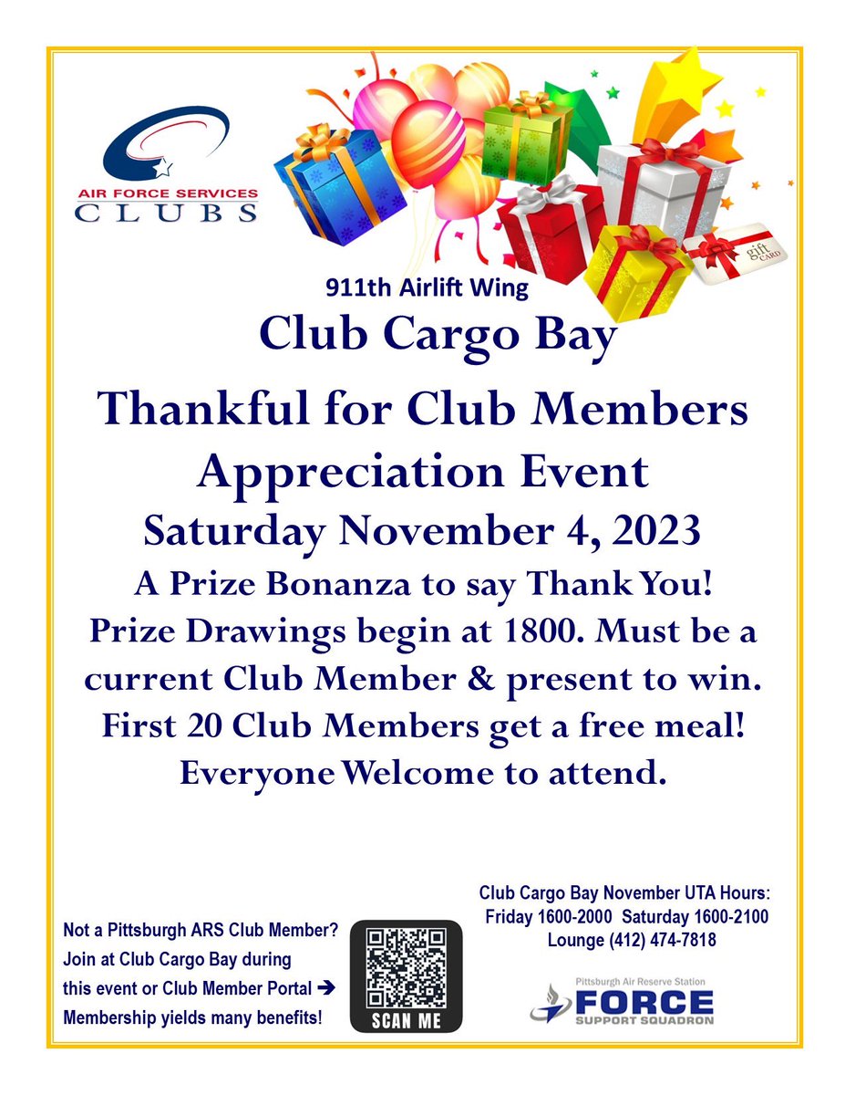 Club Cargo Bay is open this weekend, come on by & RELAX! Friday 1600-2000, Saturday 1600-2100. Win PRIZES at ourThankful for Club Members Event on Saturday. Everyone is welcome. Like a chance to win prizes? Join here & attend the party: myairforcelife.com/club-membershi…
