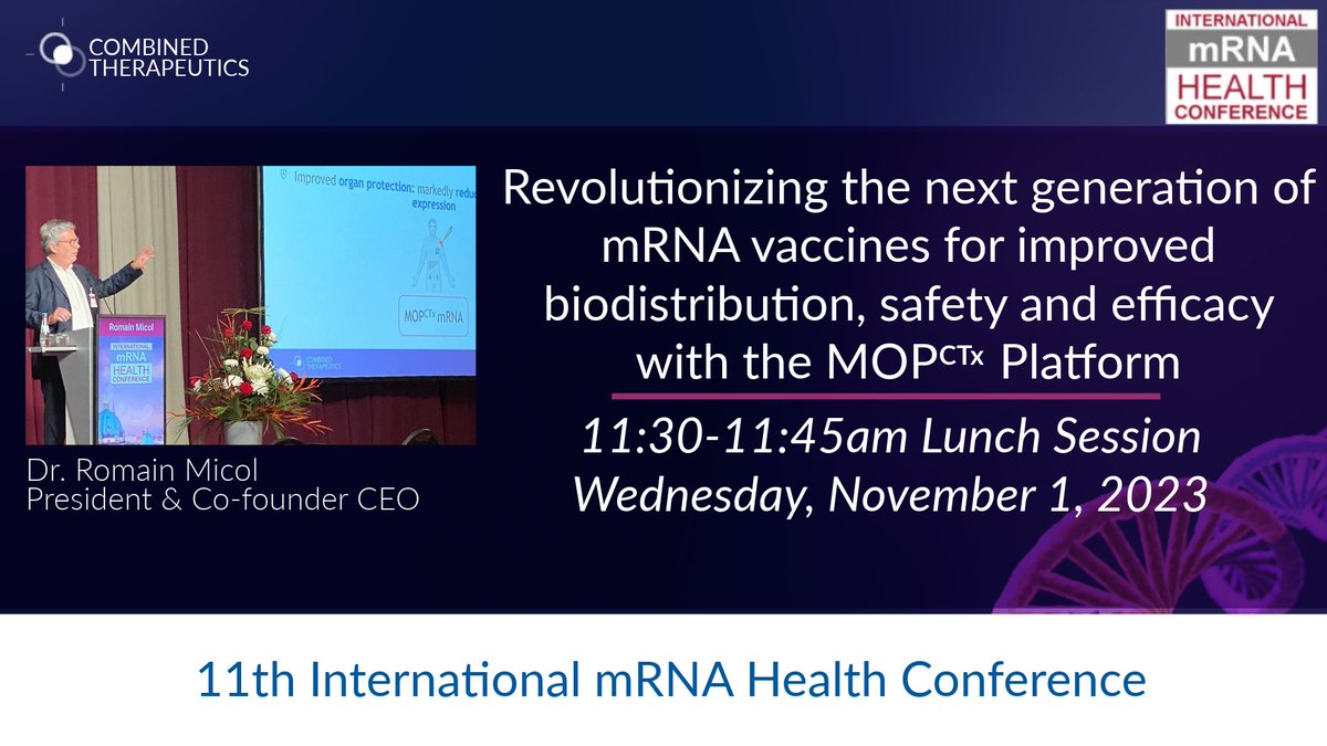 Combined Therapeutics (@combined_tx) on Twitter photo This week, President, CEO and Co-founder, Dr. Romain Micol, presented at the 11th International <a href="/mrnaconference/">International mRNA Health Conference</a> in Berlin, Germany.
For more information about the conference, visit: mrna-conference.com This week, President, CEO and Co-founder, Dr. Romain Micol, presented at the 11th International <a href="/mrnaconference/">International mRNA Health Conference</a> in Berlin, Germany.
For more information about the conference, visit: mrna-conference.com