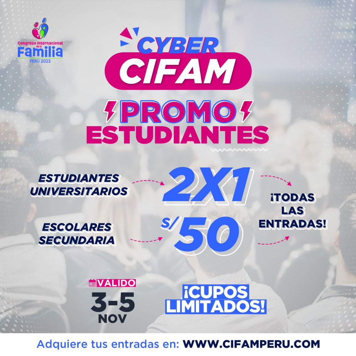 Tenemos una oferta de 2x1 para estudiantes universitarios, y todas las entradas para estudiantes de secundaria están disponibles a tan solo S/ 50.
Registrarte en nuestra web cifamperu.com
Y escribe al +51910800900
#VOZdelaFamilia #CIFAMPeru2023 #Congreso #Familia #Vida