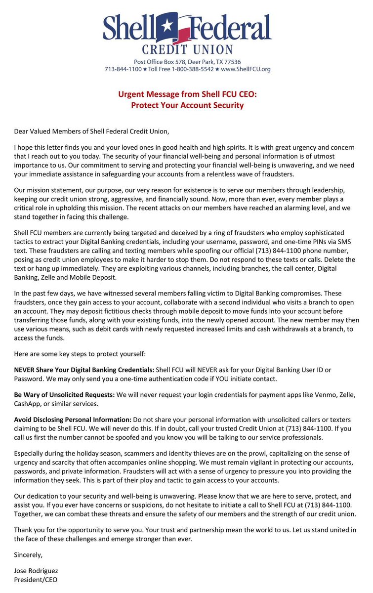 shellfcu's tweet photo. Urgent Message from our CEO. #ShellFCU https://t.co/Auqgx2jXgm