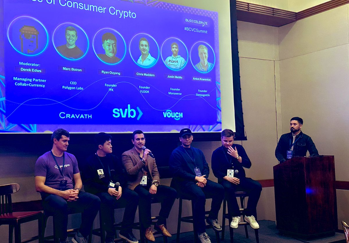materionaut's tweet photo. @0xMarcB @ryanouyang @chrismaddern @justinmmelillo @antongotchi and @derekedws envisioning future of consumer crypto at #BCVCSummit https://t.co/uc1HNQtmaX