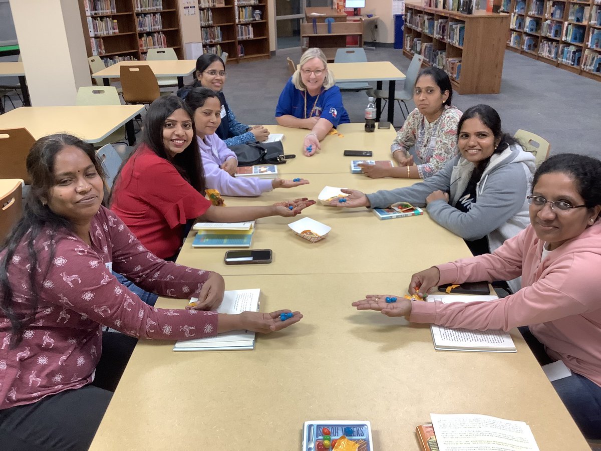 VRELibrary's tweet image. Well begun is half done with these @vrepto moms who enjoyed Book Club and are excited about another one soon! @AuthorWeeks and @gitavarad1 we savored blue peanut M&Ms to honor beloved Joe! @VRE_STARS @CISDlib @CounselorNelson thanks for joining us!