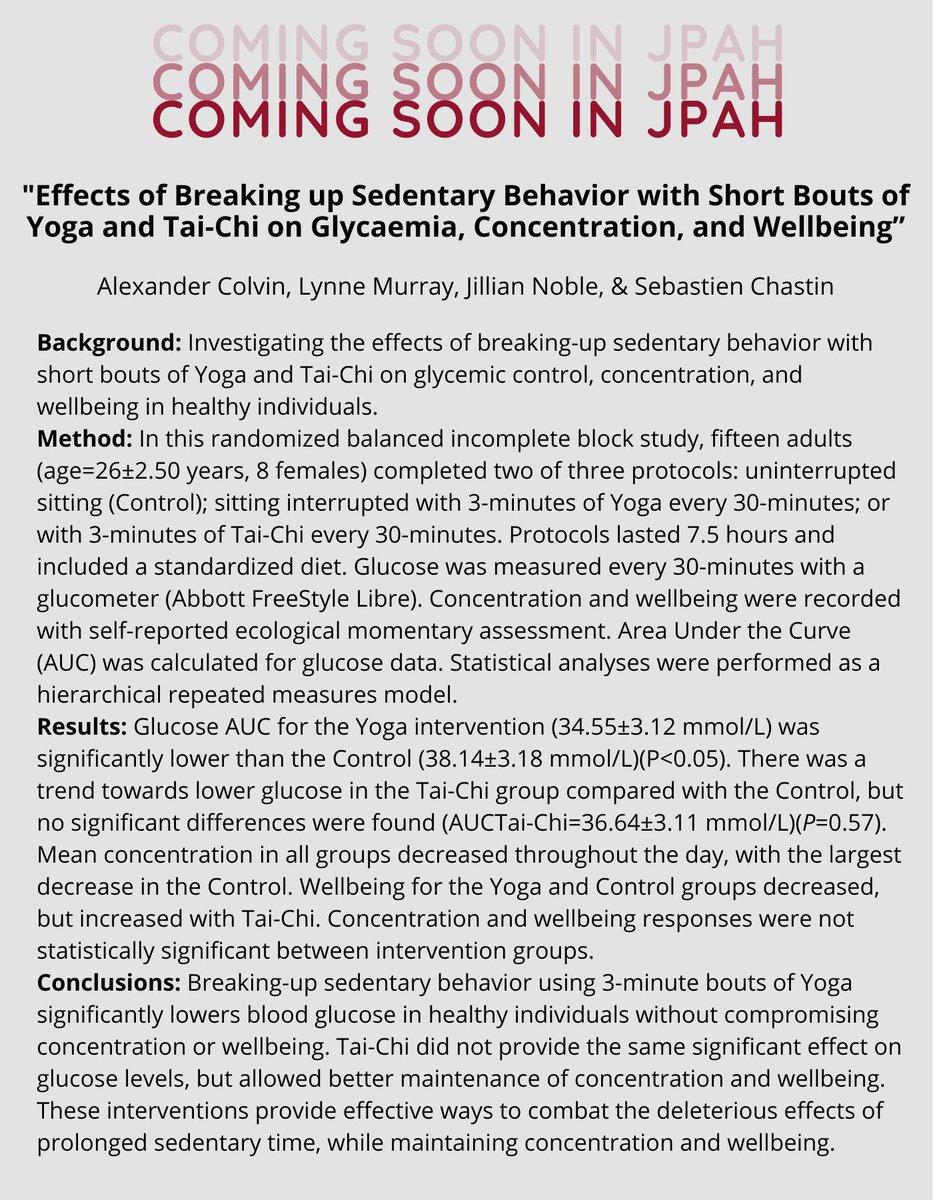JPAHjournal's tweet photo. 🏴 New research from @NHSGGC
@CaledonianNews found short, 3-min bouts of light intensity #Yoga throughout the day significantly attenuated blood glucose levels without comprising concentration or #Wellbeing 🧘♂️ https://t.co/sCP7YqORRj