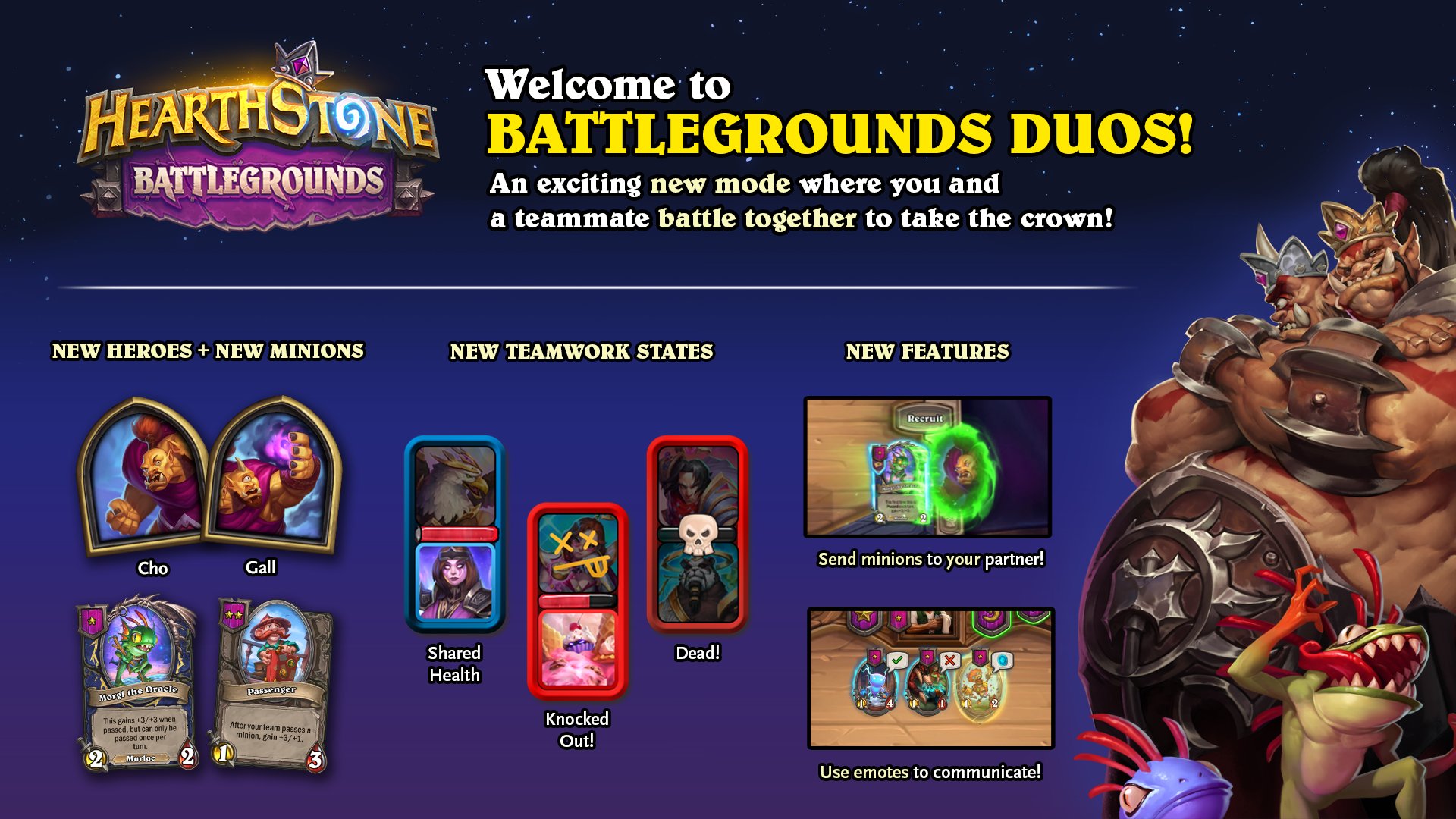 An infographic detailing Hearthstone Battlegrounds Duos Mode, an exciting new mode where you and a teammate battle together to take the crown! New Heroes + New Minions, showing two heroes "Cho" and "Gall." Below them are two cards: Murgl the Oracle, and Passenger. New Teamwork States: Shared health, knocked out!, and dead! New Features: Send minions to your partner and use emotes to communicate.