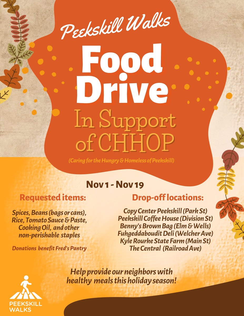 peekskill_walks's tweet image. 📣Kicking off our food drive in support of CHHOP! 🫘🌾

We&apos;ve partnered w/ Copy Center, Coffee House, Rourke State Farm, Fuhgeddaboudit Deli, Central &amp;amp; Benny&apos;s to collect food to be distributed at Fred&apos;s Pantry.

Please make a donation next time you&apos;re at one of those businesses!