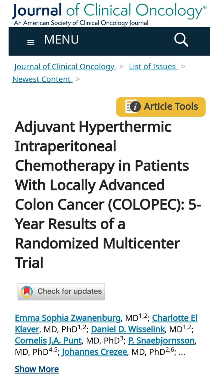 Adjuvant HIPEC in Patients With Locally Advanced Colon Cancer (COLOPEC): 5-Year Results 🔍202 pts, mF/U:59 mo Peritoneal metastases rates, QoL, DFS, and OS➡️No difference Adjuvant HIPEC🚫 @JCO_ASCO ascopubs.org/doi/10.1200/JC…