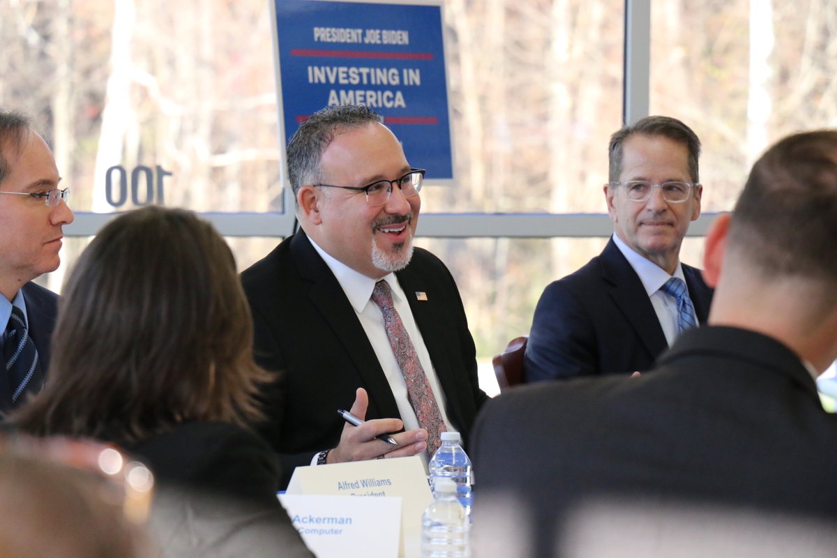 Claremont Business leaders share their thoughts with U.S. Secretary of Education Miguel Cardona and the Commissioner of the New Hampshire Department of Education Frank Edelblult at River Valley Community College. #thisisrvcc #choosecommunity