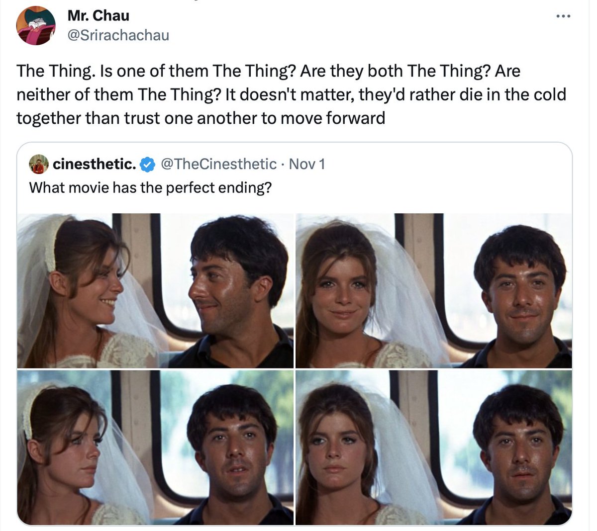 Don't think this was the intention of the QT, but I'm dying at the implication that at the end of The Graduate one of them was The Thing.