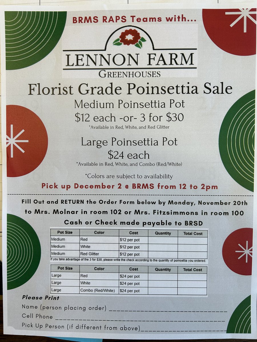If any families or local businesses in the Bordentown (NJ) area would like to support our Middle School Character Education Club (RAPS) by purchasing gorgeous Poinsettias, please see attached. Thank you in advance for your support! 
Orders due: 11/20
Pick up at BRMS: 12/2