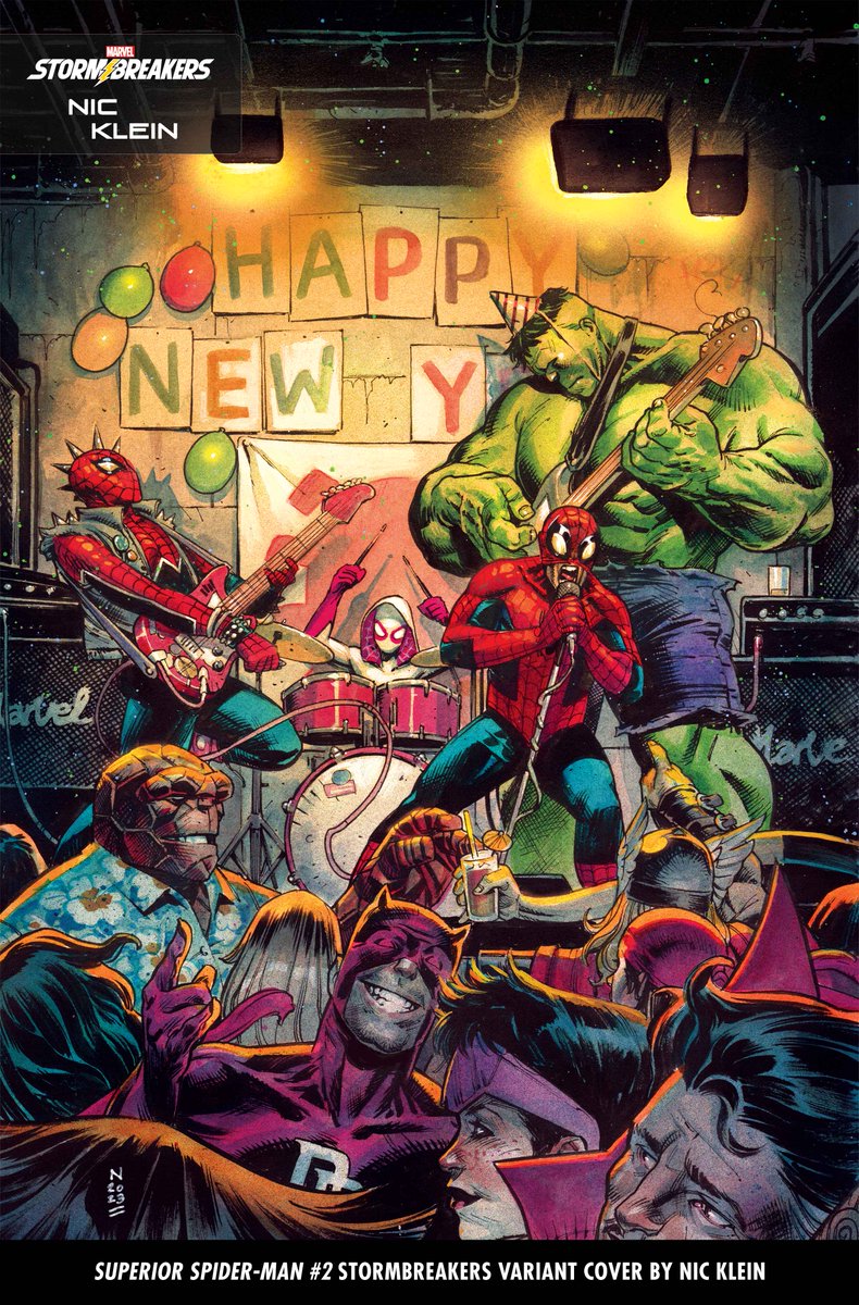 Marvel's tweet photo. Marvel heroes ring in the New Year in the December collection of ‘Stormbreakers Variant Covers’! See your favorite heroes party, toast and share a midnight kiss as they enter the New Year in style. https://t.co/3SU5rXlTKn https://t.co/ntrDaTg2Dm