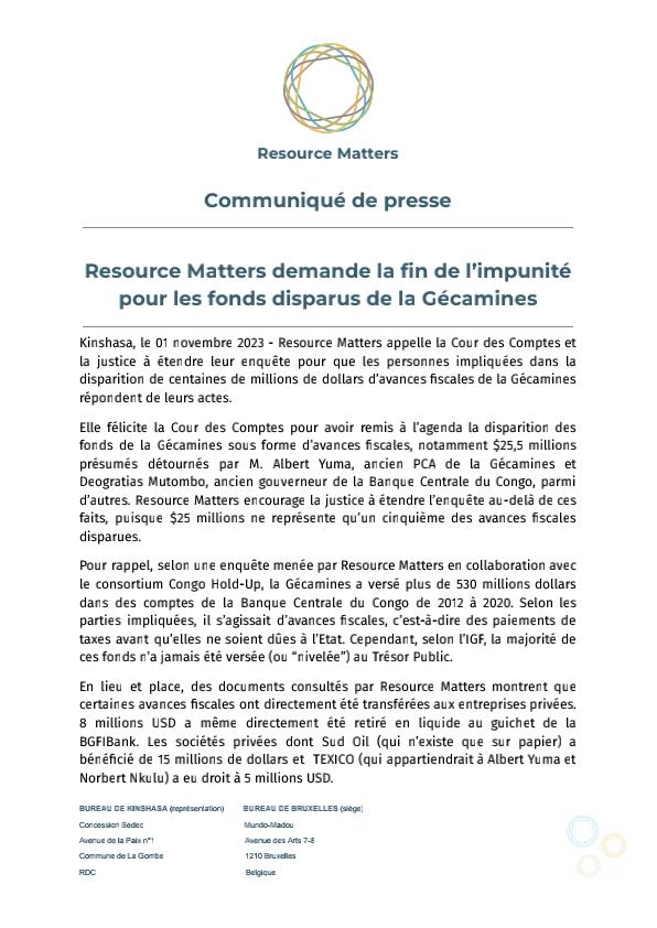 OkendaPierre's tweet photo. 🛑Communiqué de presse~
Resource Matters demande la fin de l’impunité
pour les fonds disparus de la Gécamines
https://t.co/sb1AGHDM8G
#RDC
#JeanpierreOkenda ✍️
#resourcesmatters
#GECAMINES https://t.co/NeR1NjWIQR