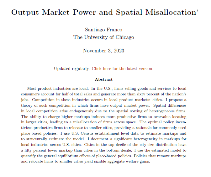 UChicago Economics (@uchi_economics) on Twitter photo <a href="/FrancoTabaresSa/">Santiago Franco</a> research focuses on Macroeconomics, Spatial Economics, and International Trade. In his job market paper, he studies differences in output market power across U.S. cities and how they lead firms to locate inefficiently across space:
santiago-franco.com <a href="/FrancoTabaresSa/">Santiago Franco</a> research focuses on Macroeconomics, Spatial Economics, and International Trade. In his job market paper, he studies differences in output market power across U.S. cities and how they lead firms to locate inefficiently across space:
santiago-franco.com