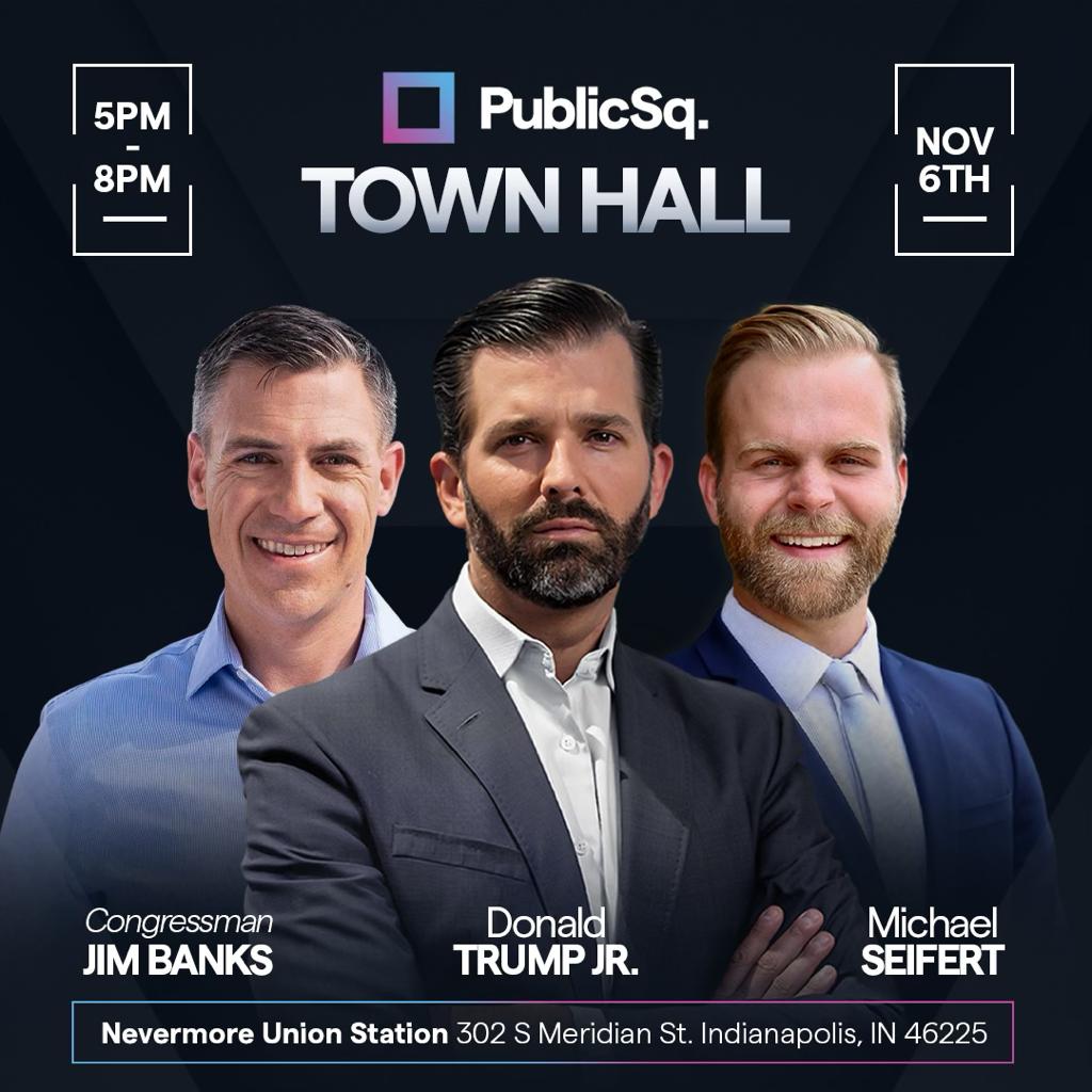 🚨ANNOUNCEMENT🚨 I am so excited to be joining @DonaldJTrumpJr and @RepJimBanks for a townhall in Indianapolis on Monday to talk about the work that @officialpsq is doing to create the un-woke economy.