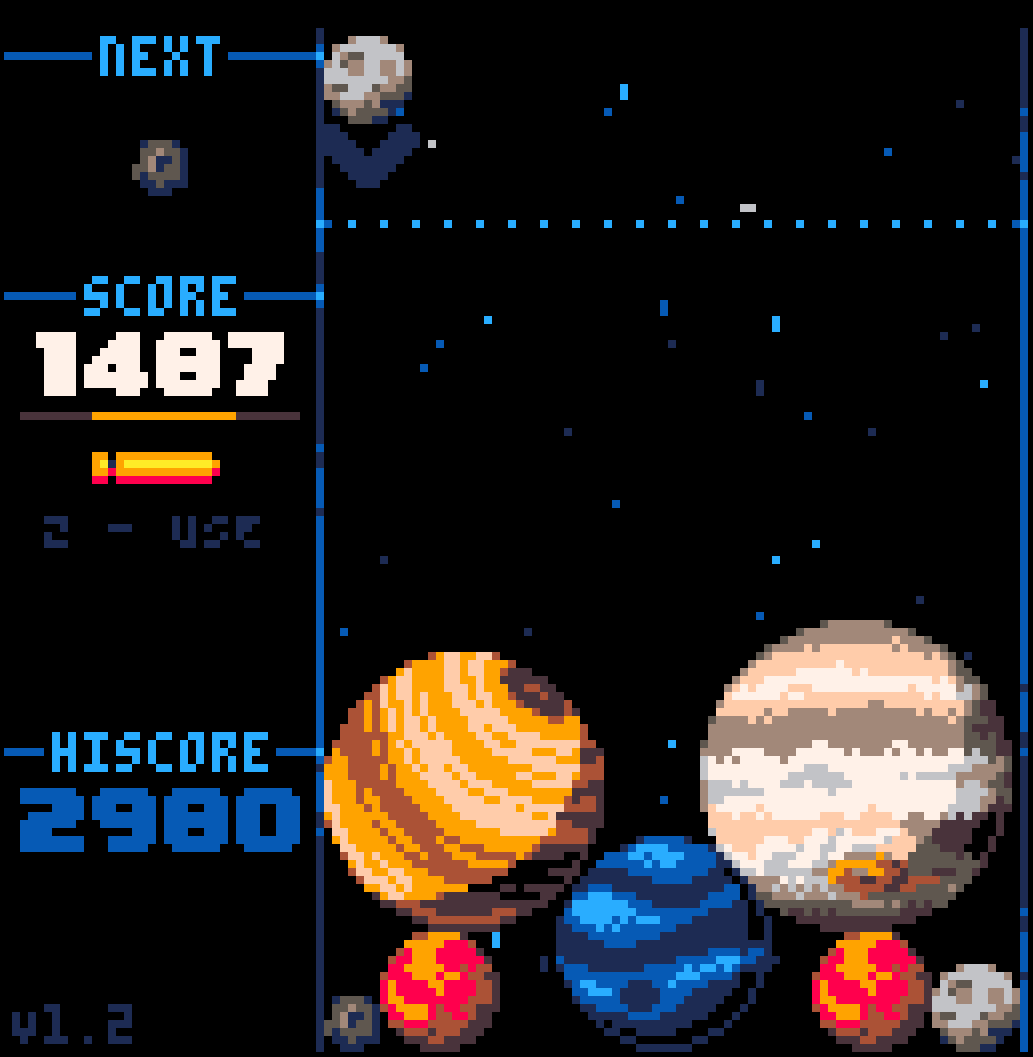MrBensonMum's tweet photo. OK, we all have reached the Melon in #SuikaGame by now but have you tried reaching the sun? 

Cosmic Collapse from @johanpeitz has missiles, planets, combos and a great physic! Have I mentioned the score? Love it! 

https://t.co/mf7X2kEDy0 25% sale right now so give it a try! https://t.co/2vEWAHw4AU