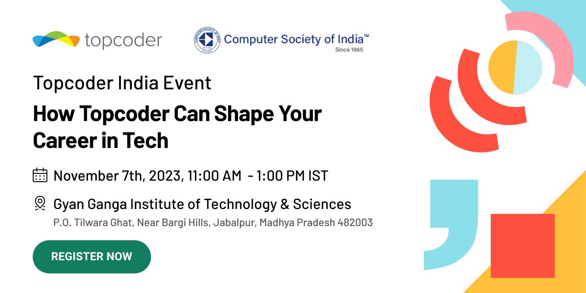 Join us for an in-person workshop at Gyan Ganga Institute of Technology & Sciences to explore how #topcoder can help you learn and earn!
Register for this in-person event today at, tickettailor.com/events/topcode…

#techcareer #techcareers #freelance #freelancework #gigeconomy
