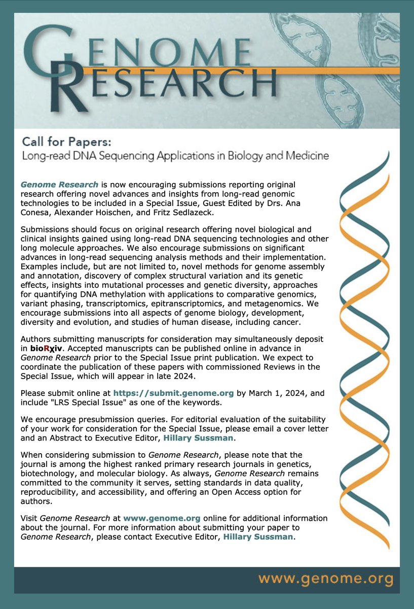 @genomeresearch is now encouraging submissions for a Special Issue on Long-read DNA Sequencing Applications in Biology and Medicine, Guest Edited by @anaconesa, @ahoischen, and @sedlazeck  bit.ly/grcallforpapers #longreads #T2T #LongTREC #Hitseq #ASHG23