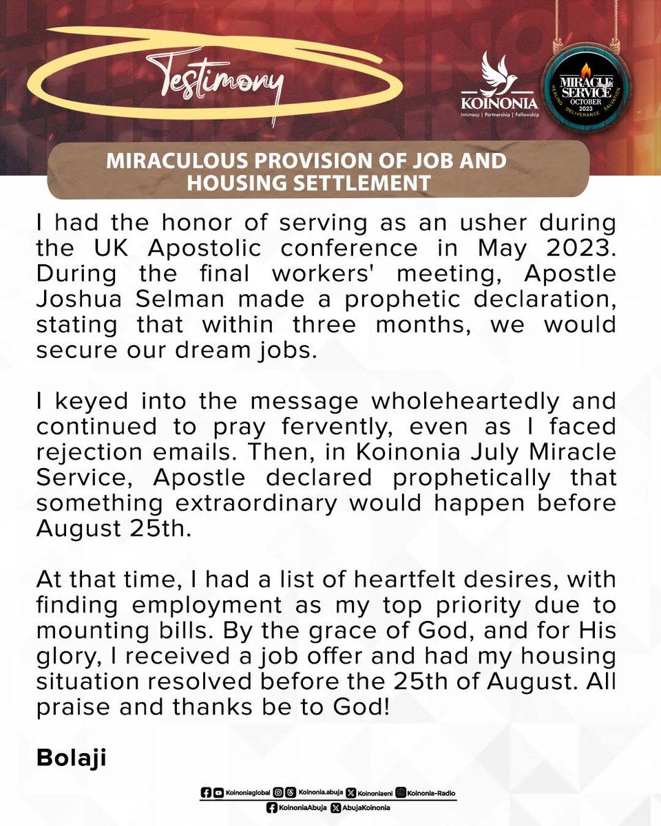 koinoniaeni's tweet photo. Blessed are they that keep His testimonies, and that seek Him with the whole heart. Psalm 119:2 (KJV)
_
Celebrate with the following testifiers as we return all Glory to God for His unending faithfulness to us as a global family.

We declare that you are next to share your testimonies of Open Doors, in Jesus Name!

Has God been faithful to you? You can share your testimonies with us via email at koinoniaabuja@gmail.com 

#KoinoniaTestimonies
#KoinoniaGlobal
#KoinoniaAbuja