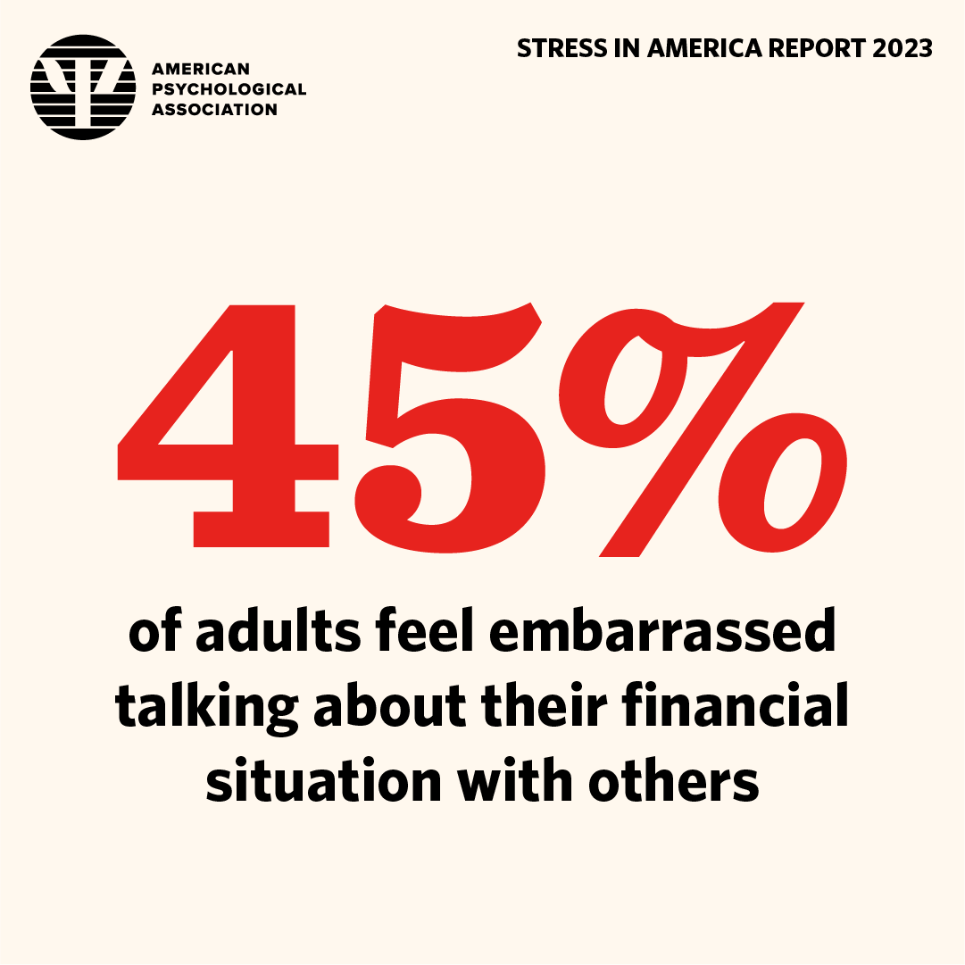 Money is a common source of stress for Americans, but many of us don't feel comfortable talking to friends and family members about it.

See more findings from APA's new #StressInAmerica survey: at.apa.org/s86
