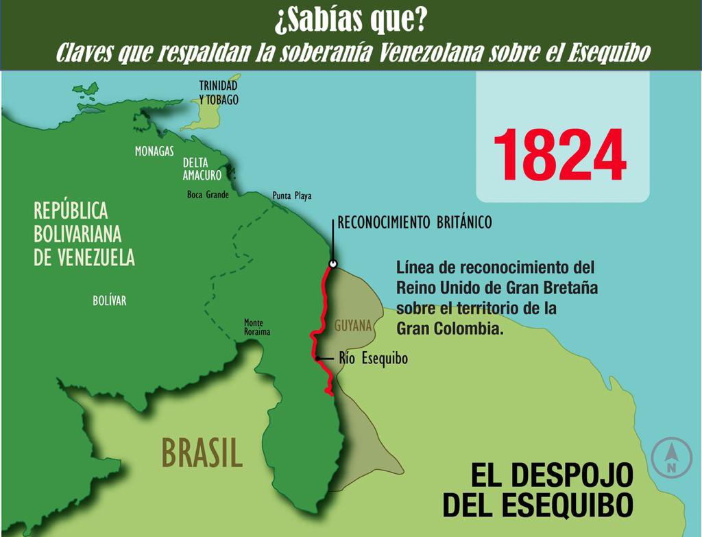 En 1824 El Reino Unido de Gran Bretaña acepta que el territorio de la Gran Colombia tenía como margen oriental el Río Esequibo. Este reconocimiento es un importante hito histórico que da fuerza a nuestra reivindicación sobre el Territorio Esequibo, que es nuestro, desde siempre y