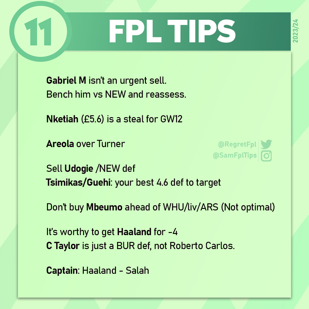 🚨 𝗙𝗣𝗟 𝗧𝗜𝗣𝗦 𝗙𝗢𝗥 #𝗚𝗪𝟭𝟭 🚨

#FPL #SamFPLTips