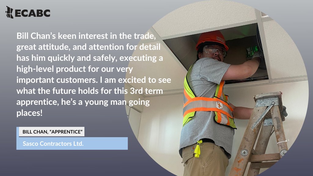 ECA_BC's tweet image. 🌟 Kicking off #ApprenticeshipMonth with a special salute to Bill Chan from @sascocanada! 🛠️ Your dedication and commitment to the electrical industry are truly commendable. 👏 #ApprenticeRecognition #SascoLimitedApprentice